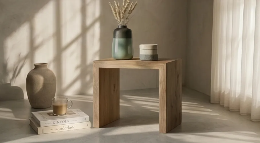 Meja samping kayu oak dengan vas keramik di ruangan bercahaya